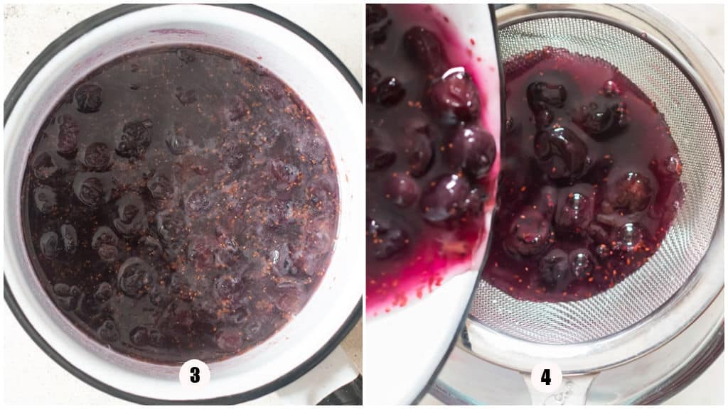 picture a collage of straining blueberry simple syrup in a jar.
