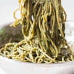 pesto chicken pasta in a skillet.