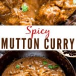 spicy mutton curry served in cast iron pan with text