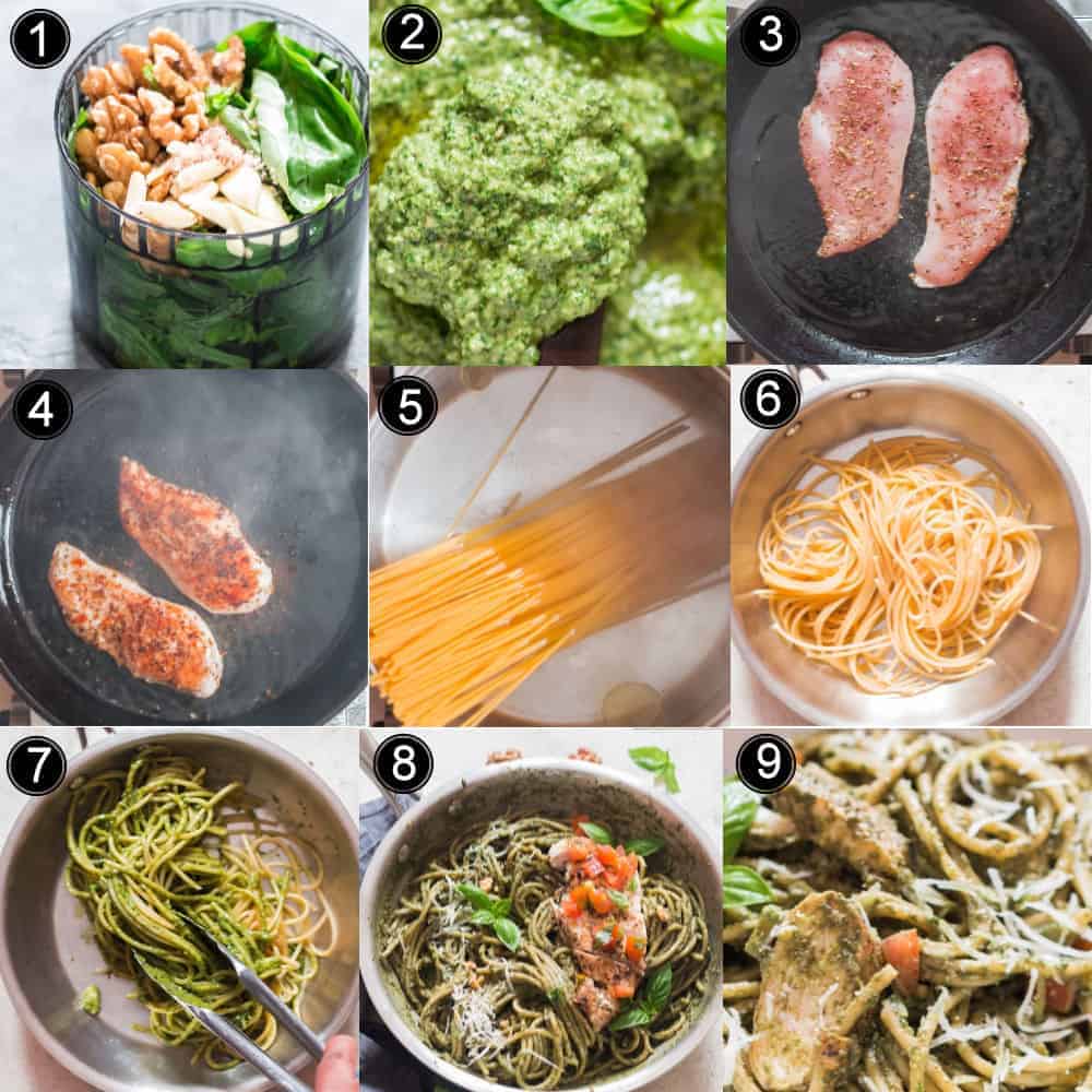 step by step instructions on how to make chicken pesto pasta recipe