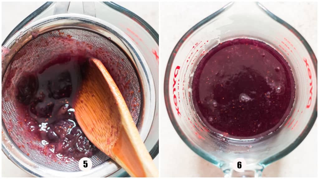 picture a collage of straining blueberry simple syrup in a jar.