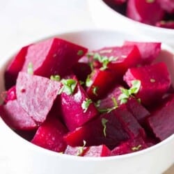 instant pot beets chopped and served in white bowl