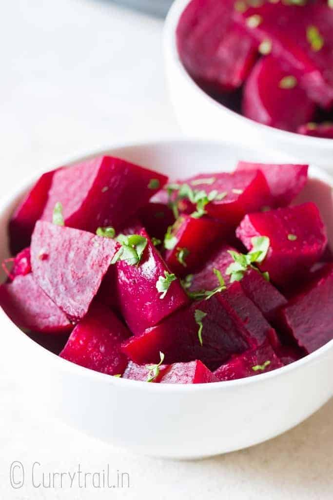 instant pot beets chopped and served in white bowl
