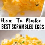 fluffy scrambled eggs on white plate and baguette bread with text overlay