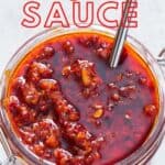 hot spicy schezwan sauce in jar with text