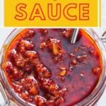 hot spicy schezwan sauce in jar with text