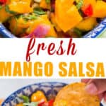 fresh mango salsa with nachos in bowl with text