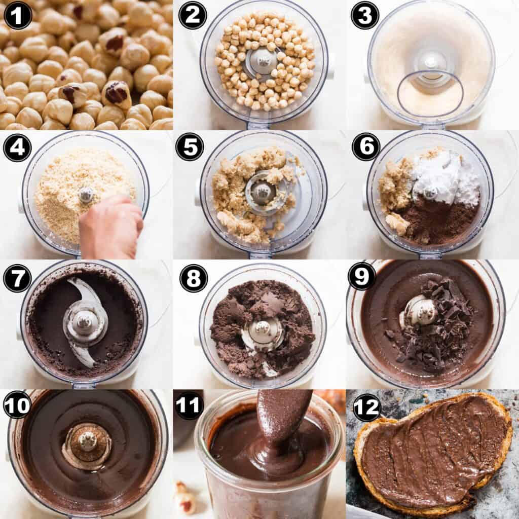 step by step pictorial collage of how to make homemade nutella in food processor