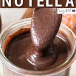 homemade nutella in glass jar with text