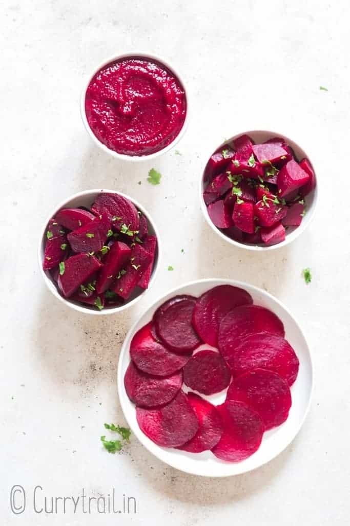 different cuts of tender cooked beets in instant pot in white bowls