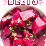 beets cooked in instant pot in white bowls with text