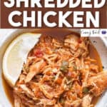 Mexican style instant pot shredded chicken in ceramic bowl with text