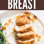 instant pot chicken breasts on mashed potatoes with text