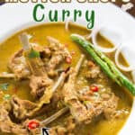 spicy green mutton chops curry in white plate with text