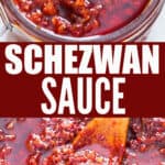 spicy schezwan sauce in glass jar with text