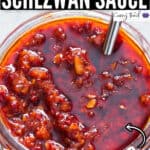spicy schezwan sauce in glass jar with text