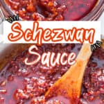 schezwan sauce in glass jar with text