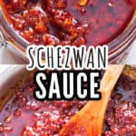 spicy schezwan sauce in glass jar with text