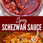 Close-up view of spicy schezwan sauce in a jar with text.