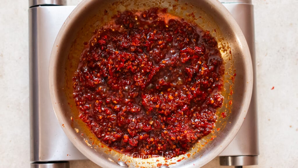 schezwan sauce in a skillet.