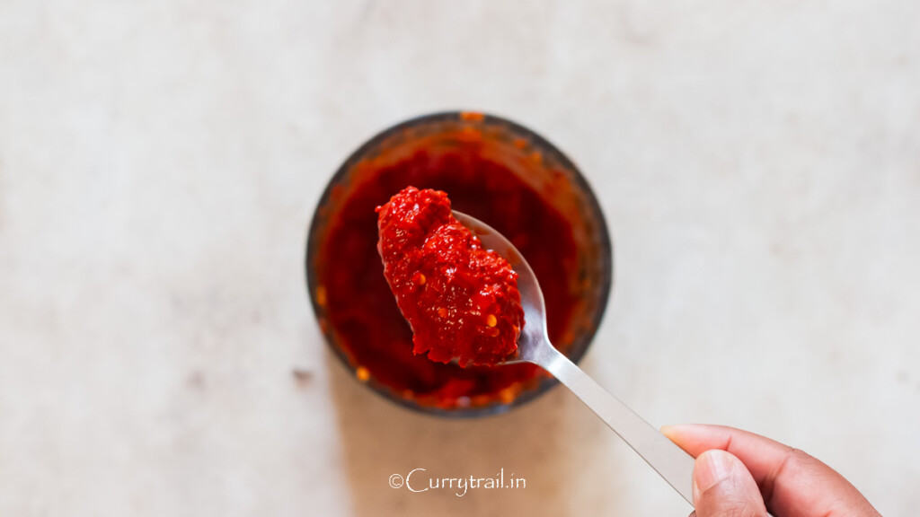 smooth red chili paste ground in a food processor.