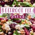 beet and feta salad with arugula leaves and walnuts on white plate with text