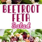 healthy arugula beet and feta cheese salad on white plate with text