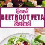 healthy arugula beet and feta cheese salad on white plate with text