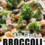 the best broccoli salad in wooden salad bowl with text