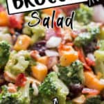 salad using broccoli in wooden bowl with text