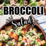 healthy broccoli salad served in wooden salad bowl with text