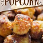 bite size cauliflower popcorn served with chili sauce on white plate with text