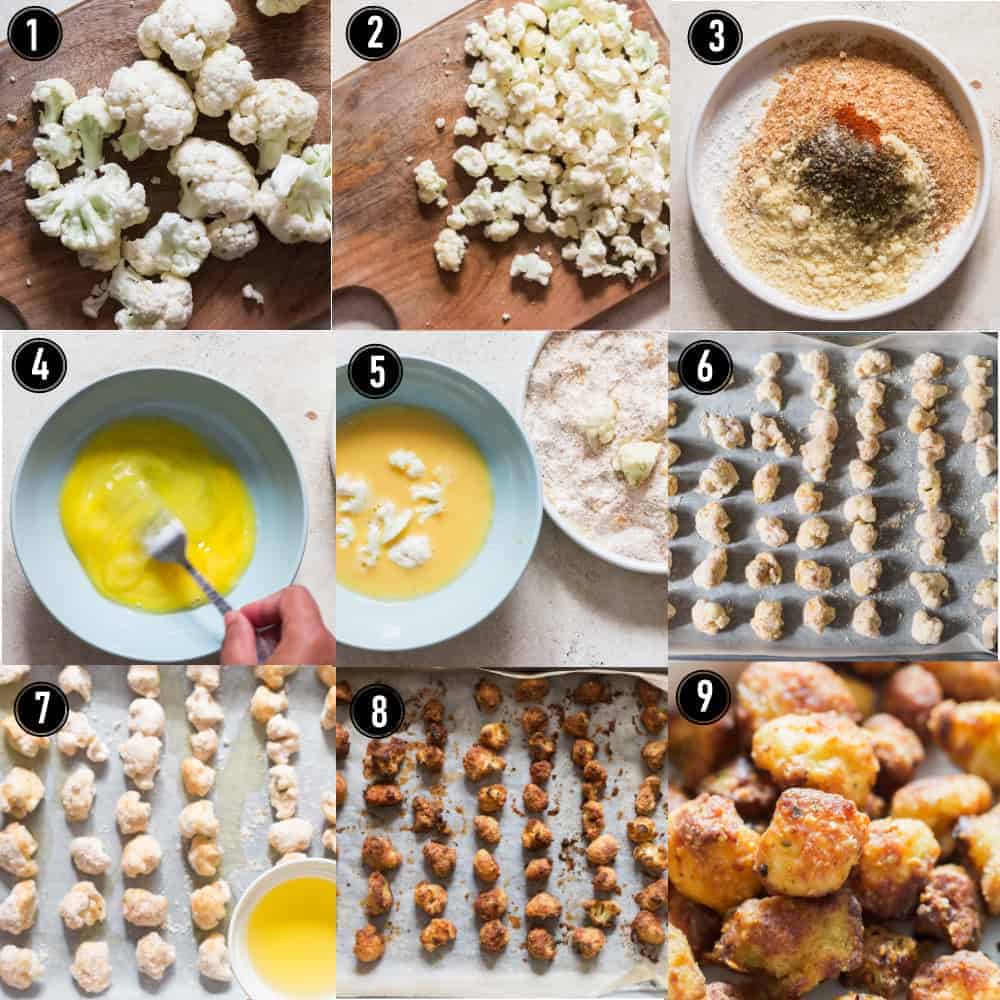 step by step pictorial collage of cauliflower popcorn recipe