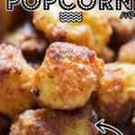 easy popcorn made from cauliflower florets served with chili sauce with text