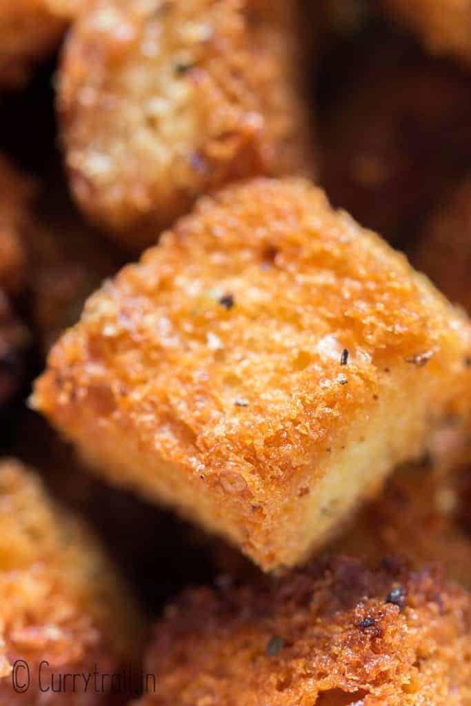 baked homemade croutons close up