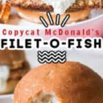 baked filet o fish burger on white plate with text