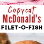 baked filet o fish burger on white plate with text