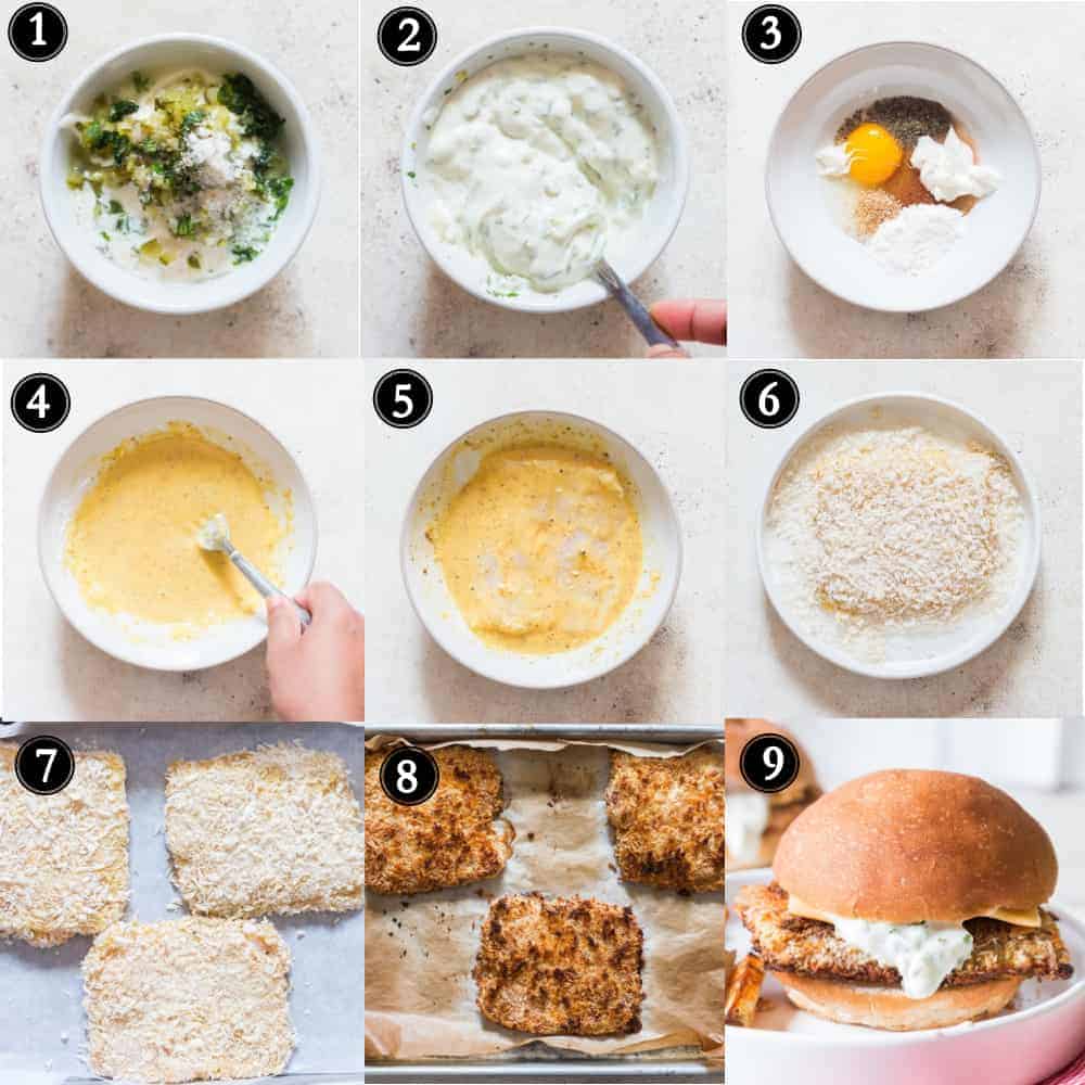 step by step picture collage of homemade filet o fish burger