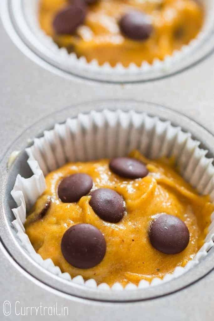 pumpkin muffins with choco chips in paper liners on muffin tins