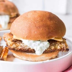 baked fish burger on white plate and red napkin