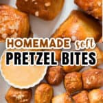 homemade pretzel in bite sizes on white tray with text overlay