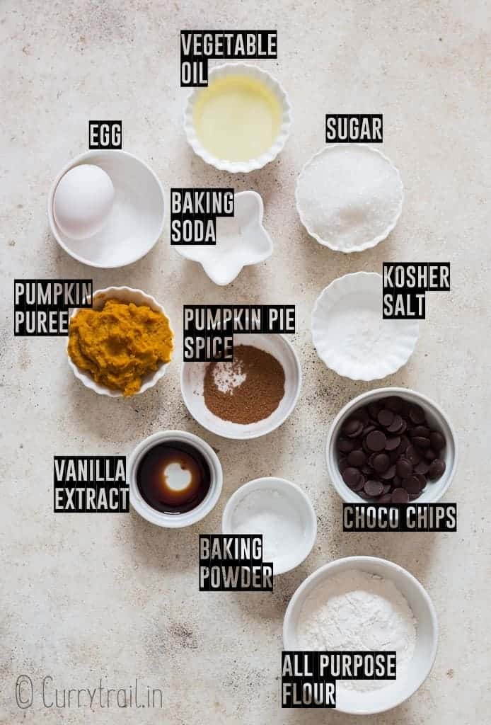 all ingredients for chocolate chip pumpkin muffins