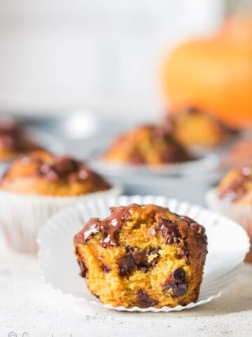 chocolate chip pumpkin muffins on paper liners