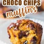 pumpkin chocolate chip muffins with text overlay