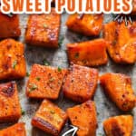 roasted sweet potatoes on baking tray with text