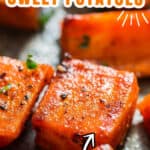 spicy sweet potato roast on baking tray with text