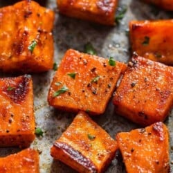 oven roasted sweet potato fries in baking tray
