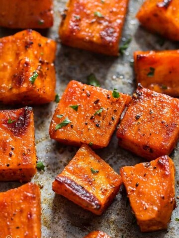oven roasted sweet potato fries in baking tray