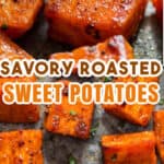 spicy sweet potato roast on baking tray with text