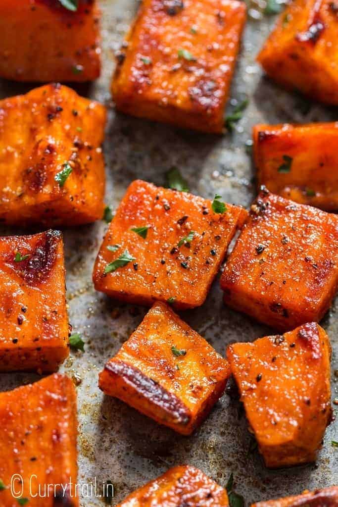 oven roasted sweet potato fries in baking tray